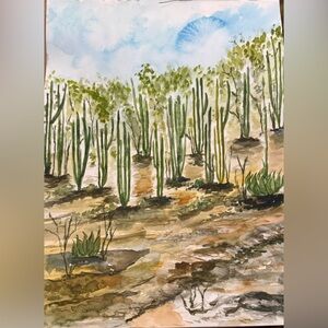 Green and Brown Cactus Landscape watercolor painting from Oaxaca Mexico